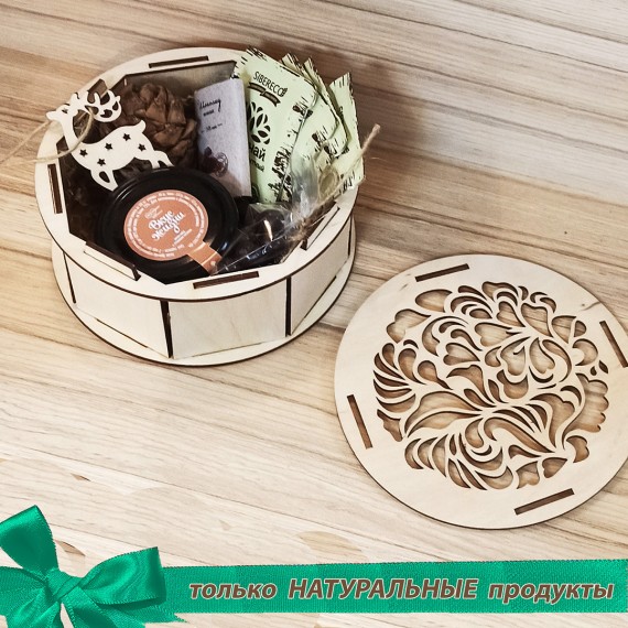 Новогодний #15 подарочный набор с чагочаем и сладостями в круглой деревянной шкатулке