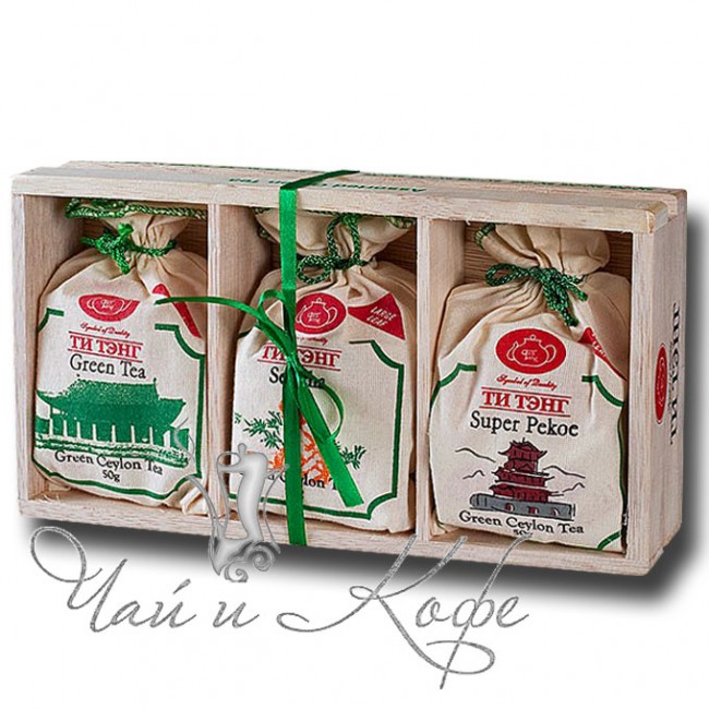 Набор зеленого чая Tea Tang (3 вида по 50 г) холщовые мешочки в деревянном лотке